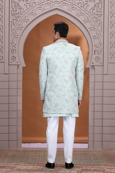 Dynamic Ice Blue Elegant Wedding Suit Set with Heavy Thread Work and Design Kurta Pajama Wholesale