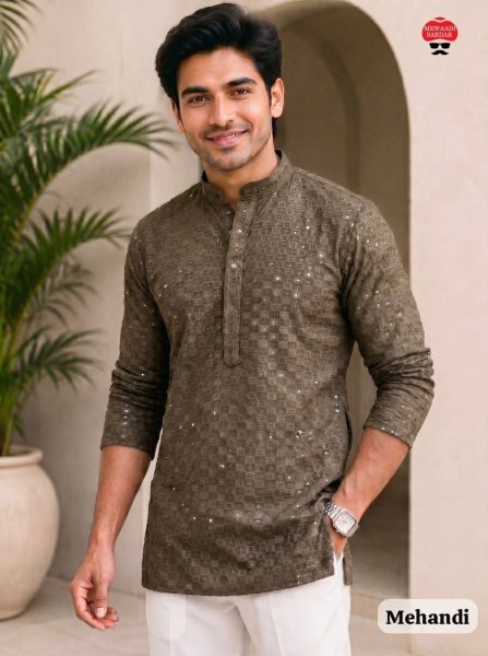 Dynamic Mahendi Green Rayon Chikan Embroidered Short Kurta for Casual Wear Mens Short Kurta