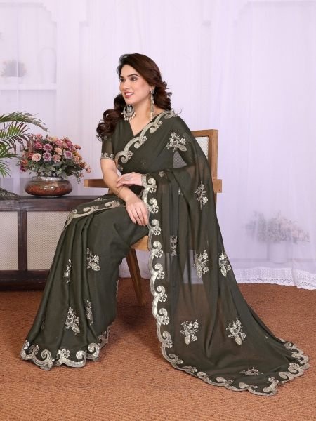 Dynamic Mahendi Green Star Georgette Silk Saree with Sequin Work Blouse Sarees 