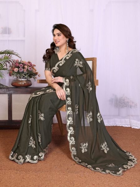 Dynamic Mahendi Green Star Georgette Silk Saree with Sequin Work Blouse Silk Sarees Wholesale
