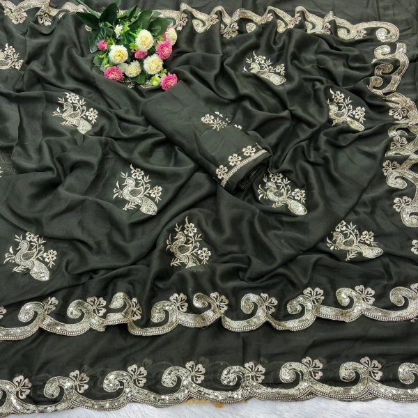 Dynamic Mahendi Green Star Georgette Silk Saree with Sequin Work Blouse Silk Sarees Wholesale