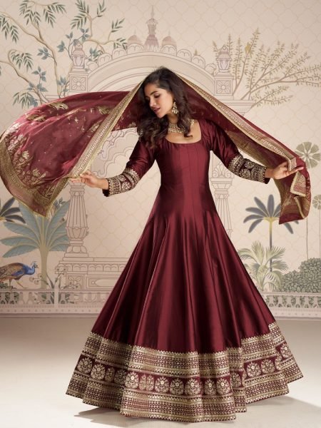 Dynamic Maroon Heavy Vichitra Silk Gown with Sequins Zari Embroidery and Banarasi Dupatta Anarakali Gown Wholesale
