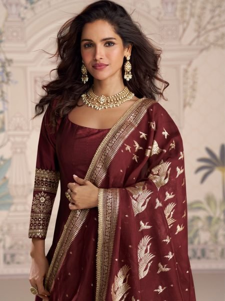 Dynamic Maroon Heavy Vichitra Silk Gown with Sequins Zari Embroidery and Banarasi Dupatta Anarakali Gown Wholesale