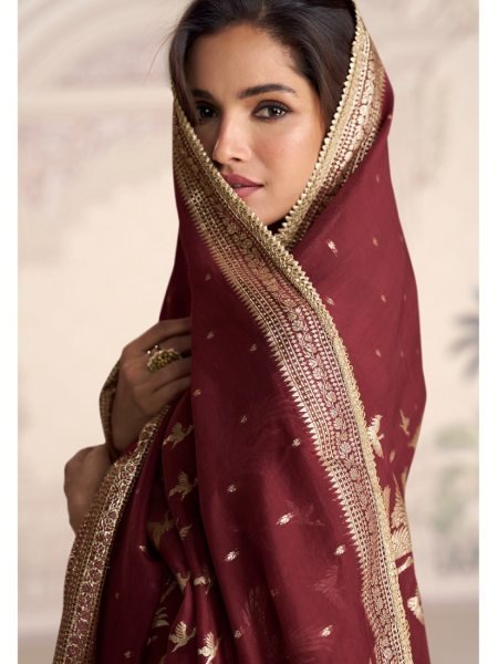 Dynamic Maroon Heavy Vichitra Silk Gown with Sequins Zari Embroidery and Banarasi Dupatta Anarakali Gown Wholesale