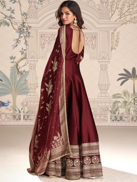 Dynamic Maroon Heavy Vichitra Silk Gown with Sequins Zari Embroidery and Banarasi Dupatta Anarakali Gown Wholesale
