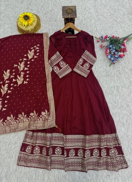 Dynamic Maroon Heavy Vichitra Silk Gown with Sequins Zari Embroidery and Banarasi Dupatta Anarakali Gown Wholesale