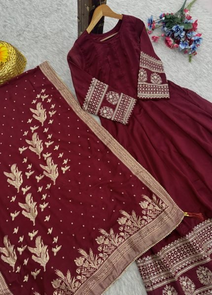Dynamic Maroon Heavy Vichitra Silk Gown with Sequins Zari Embroidery and Banarasi Dupatta Anarakali Gown Wholesale