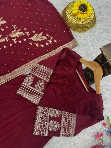Dynamic Maroon Heavy Vichitra Silk Gown with Sequins Zari Embroidery and Banarasi Dupatta Anarakali Gown Wholesale