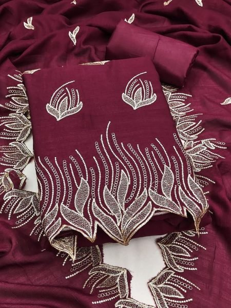 Dynamic Maroon Vichitra Silk Dress Material Collection With Embroidered lace Work.  Color Set Matching Dress Material Wholesale