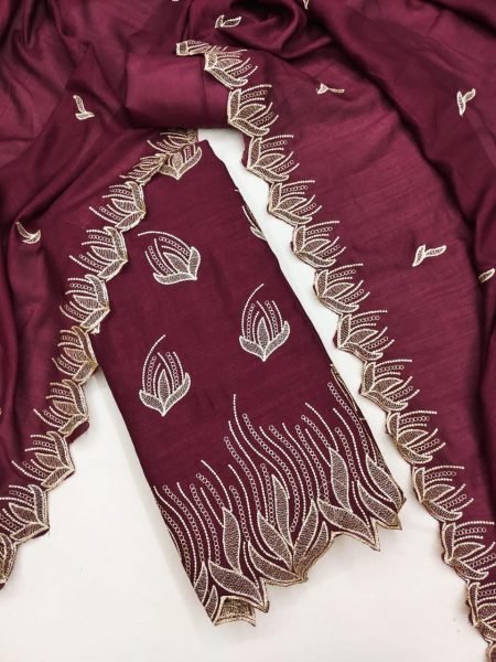 Dynamic Maroon Vichitra Silk Dress Material Collection With Embroidered lace Work.  Color Set Matching Dress Material Wholesale