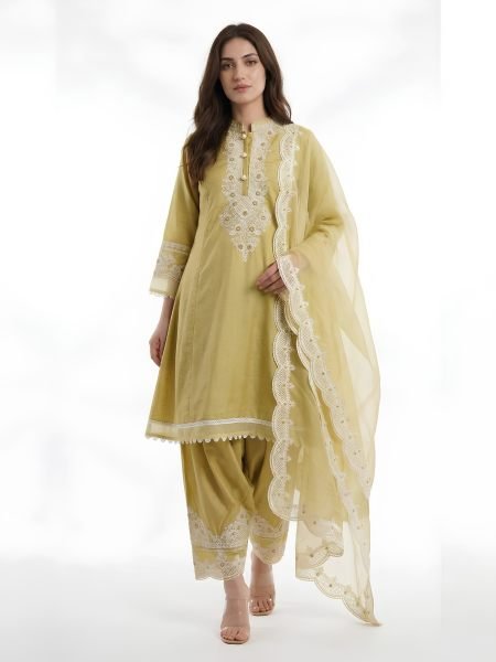 Dynamic Mint Yellow Roman Embroidered Top Salwar Dupatta Set with Soft Organza Dupatta Ready To Wear Suit