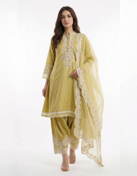 Dynamic Mint Yellow Roman Embroidered Top Salwar Dupatta Set with Soft Organza Dupatta Ready To Wear Collection