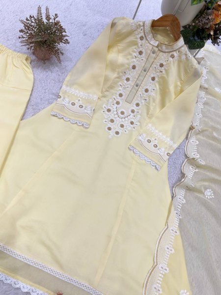 Dynamic Mint Yellow Roman Embroidered Top Salwar Dupatta Set with Soft Organza Dupatta Ready To Wear Collection
