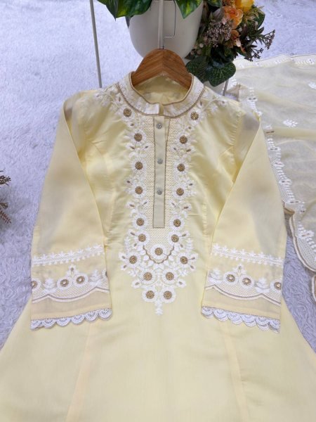 Dynamic Mint Yellow Roman Embroidered Top Salwar Dupatta Set with Soft Organza Dupatta Ready To Wear Collection