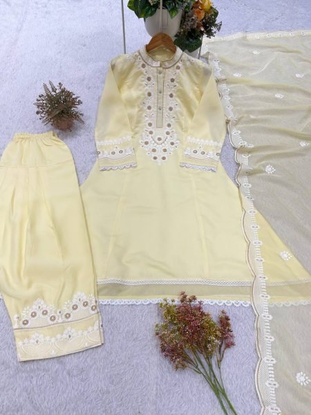 Dynamic Mint Yellow Roman Embroidered Top Salwar Dupatta Set with Soft Organza Dupatta Ready To Wear Collection