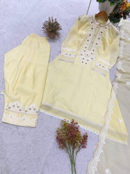 Dynamic Mint Yellow Roman Embroidered Top Salwar Dupatta Set with Soft Organza Dupatta Ready To Wear Collection