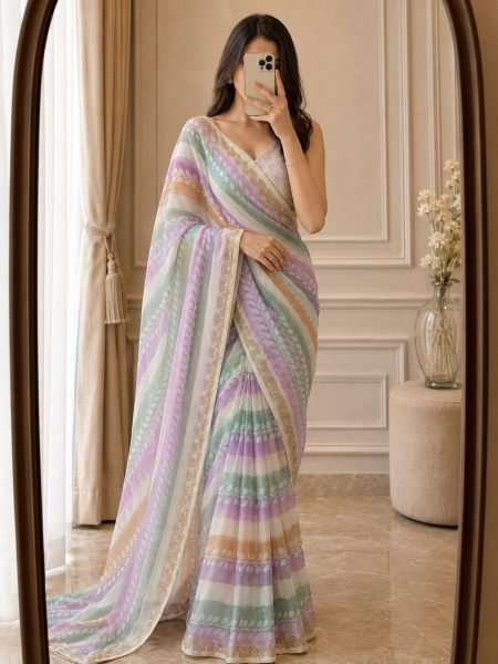 Dynamic Multi Party Wear Fendy Satin Silk Saree with Swarovski Diamond Mirror Work Sarees 