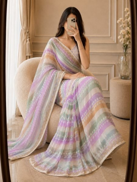 Dynamic Multi Party Wear Fendy Satin Silk Saree with Swarovski Diamond Mirror Work Silk Sarees Wholesale
