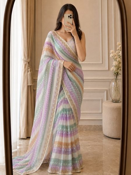 Dynamic Multi Party Wear Fendy Satin Silk Saree with Swarovski Diamond Mirror Work Silk Sarees Wholesale
