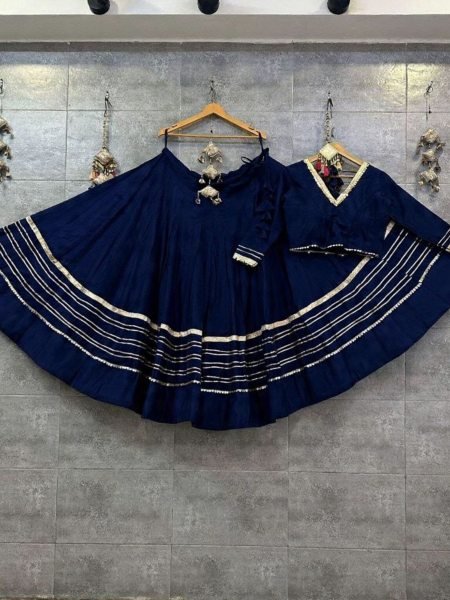Dynamic Navy Blue Rayon Cotton Navratri Chaniya Choli with Gotta Lace and 6 Meter Flare Shop by Occasion