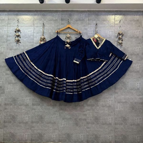 Dynamic Navy Blue Rayon Cotton Navratri Chaniya Choli with Gotta Lace and 6 Meter Flare Navratri Lehnega Choli