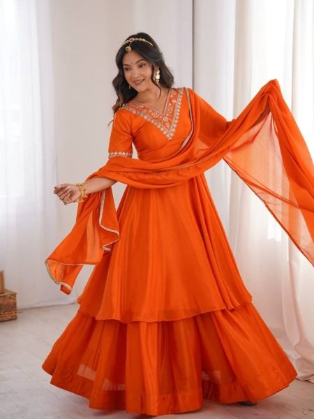 Dynamic Orange Chinon Silk Top Palazzo Set with Sequin and Thread Work For Diwali Festival Ready To Wear Suit
