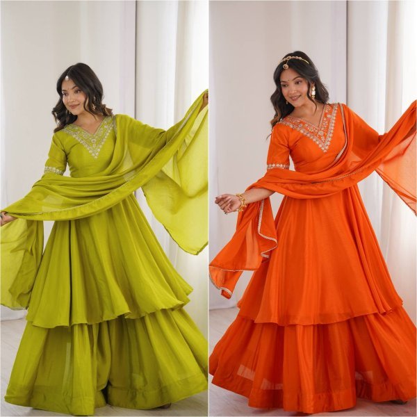 Dynamic Orange Chinon Silk Top Palazzo Set with Sequin and Thread Work For Diwali Festival Ready To Wear Collection