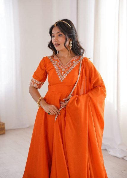 Dynamic Orange Chinon Silk Top Palazzo Set with Sequin and Thread Work For Diwali Festival Ready To Wear Collection