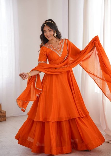 Dynamic Orange Chinon Silk Top Palazzo Set with Sequin and Thread Work For Diwali Festival Ready To Wear Collection
