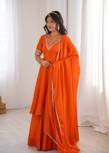 Dynamic Orange Chinon Silk Top Palazzo Set with Sequin and Thread Work For Diwali Festival Ready To Wear Collection