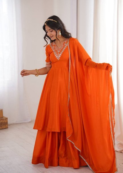 Dynamic Orange Chinon Silk Top Palazzo Set with Sequin and Thread Work For Diwali Festival Ready To Wear Collection