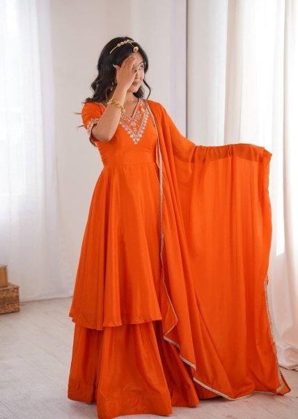 Dynamic Orange Chinon Silk Top Palazzo Set with Sequin and Thread Work For Diwali Festival Ready To Wear Collection