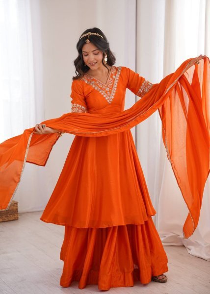 Dynamic Orange Chinon Silk Top Palazzo Set with Sequin and Thread Work For Diwali Festival Ready To Wear Collection