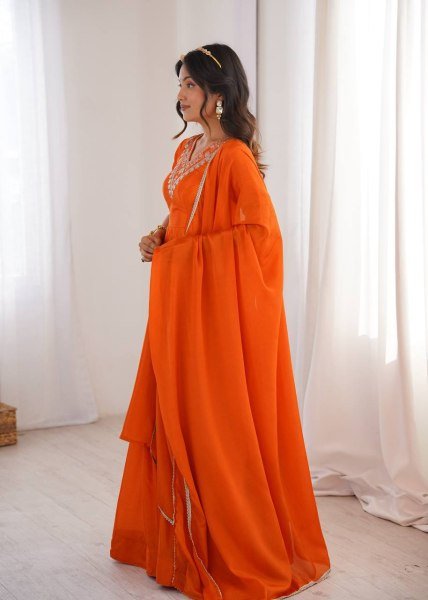 Dynamic Orange Chinon Silk Top Palazzo Set with Sequin and Thread Work For Diwali Festival Ready To Wear Collection
