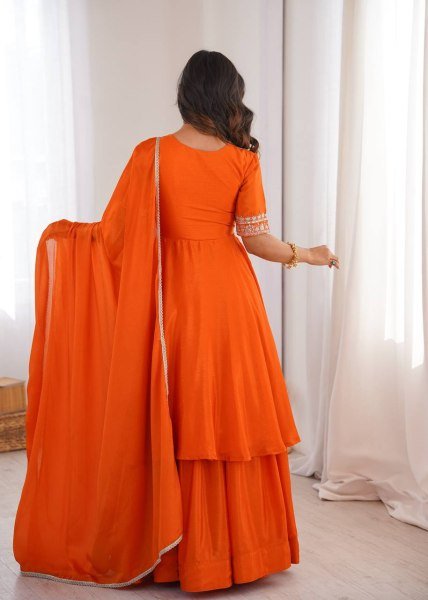 Dynamic Orange Chinon Silk Top Palazzo Set with Sequin and Thread Work For Diwali Festival Ready To Wear Collection