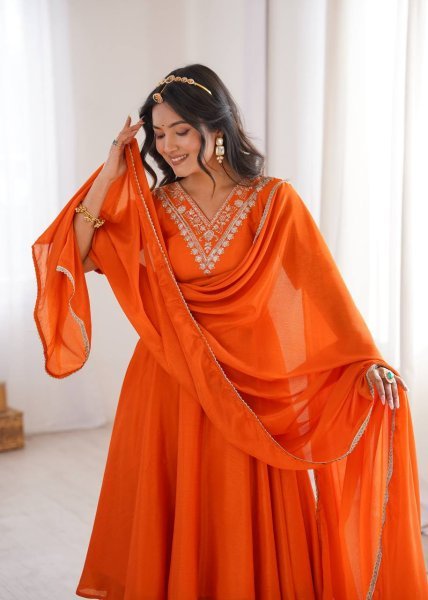 Dynamic Orange Chinon Silk Top Palazzo Set with Sequin and Thread Work For Diwali Festival Ready To Wear Collection