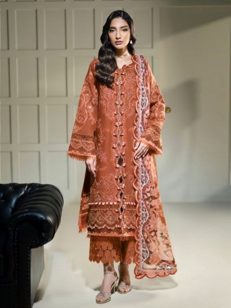 Dynamic Orange Designer Lawn Cotton Dress Material for Festive and Casual Wear Salwar Kameez