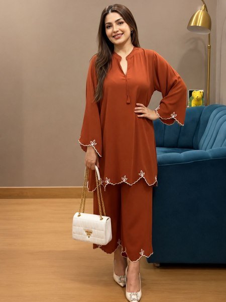 Dynamic Orange Designer Viscose Rayon Kurta Pant Set with Elegant Embroidery Work 