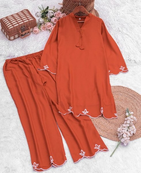 Dynamic Orange Designer Viscose Rayon Kurta Pant Set with Elegant Embroidery Work CO ORD Sets
