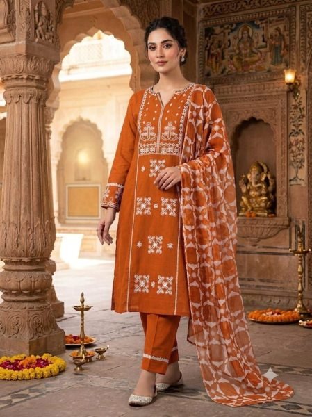 Dynamic Orange Embroidered Slub Cotton Suit with Printed Dupatta for Casual Wear Cotton Kurtis Wholesale