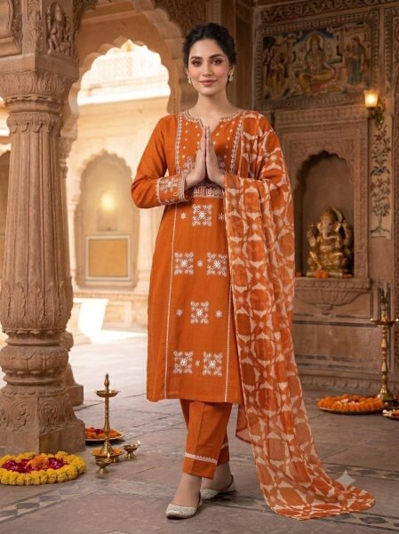 Dynamic Orange Embroidered Slub Cotton Suit with Printed Dupatta for Casual Wear Cotton Kurtis Wholesale