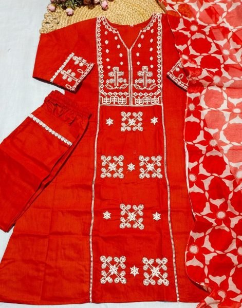 Dynamic Orange Embroidered Slub Cotton Suit with Printed Dupatta for Casual Wear Cotton Kurtis Wholesale