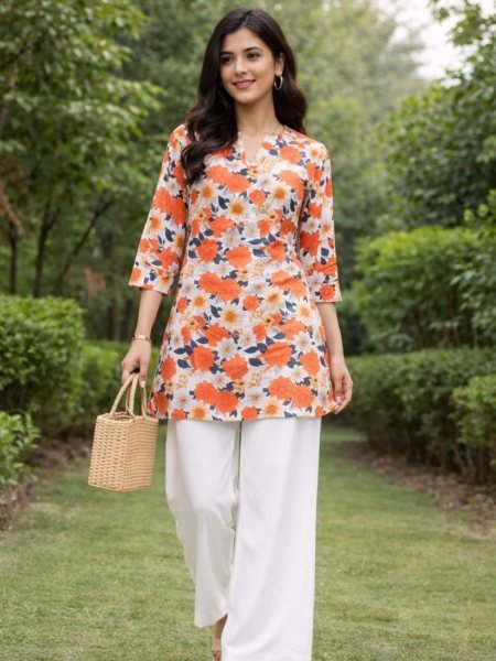Dynamic Orange Flower Rayon Slub Ethnic Top with Floral Print  Kurtis