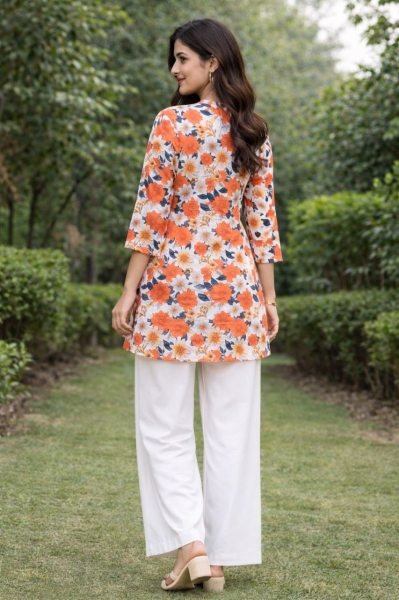 Dynamic Orange Flower Rayon Slub Ethnic Top with Floral Print  CO ORD Sets