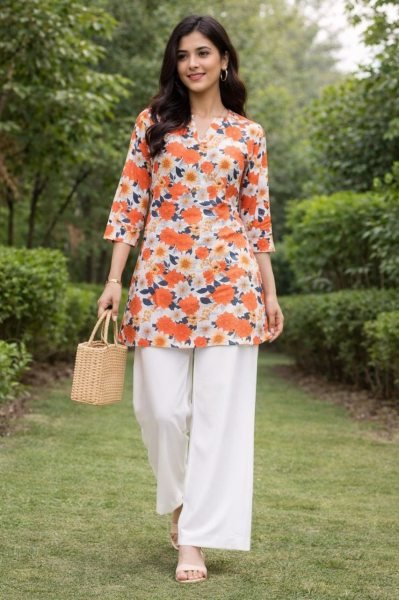 Dynamic Orange Flower Rayon Slub Ethnic Top with Floral Print  CO ORD Sets