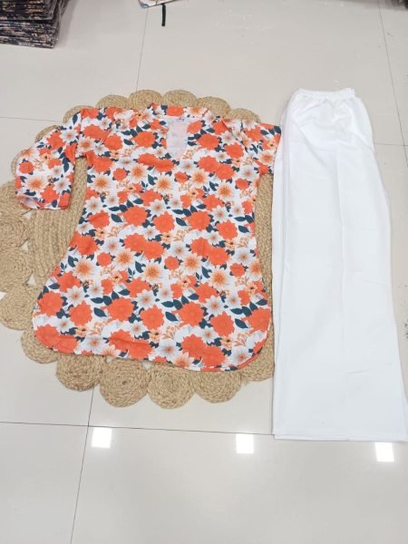 Dynamic Orange Flower Rayon Slub Ethnic Top with Floral Print  CO ORD Sets
