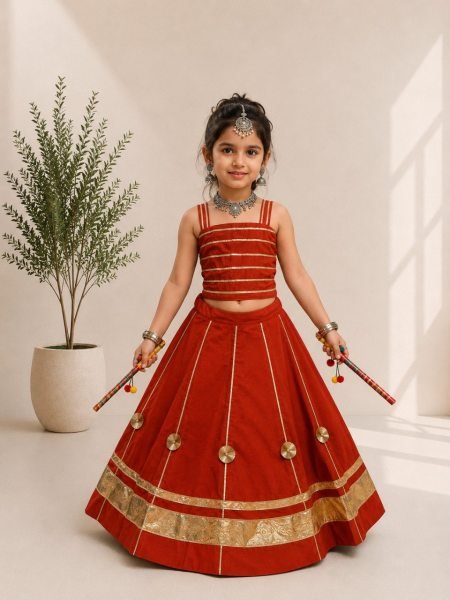 Dynamic Orange Kids Navratri Chaniya Choli in Premium Roman Silk with Mirror Work Girls Wear