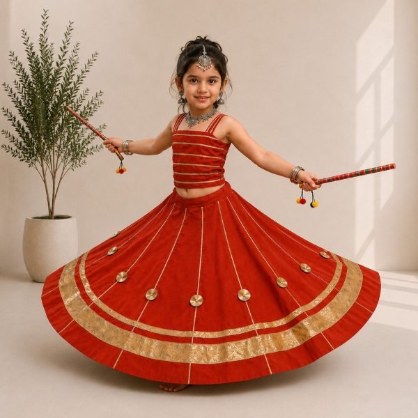Dynamic Orange Kids Navratri Chaniya Choli in Premium Roman Silk with Mirror Work Girls Wear