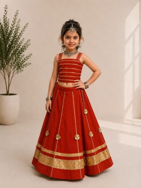Dynamic Orange Kids Navratri Chaniya Choli in Premium Roman Silk with Mirror Work Girls Wear