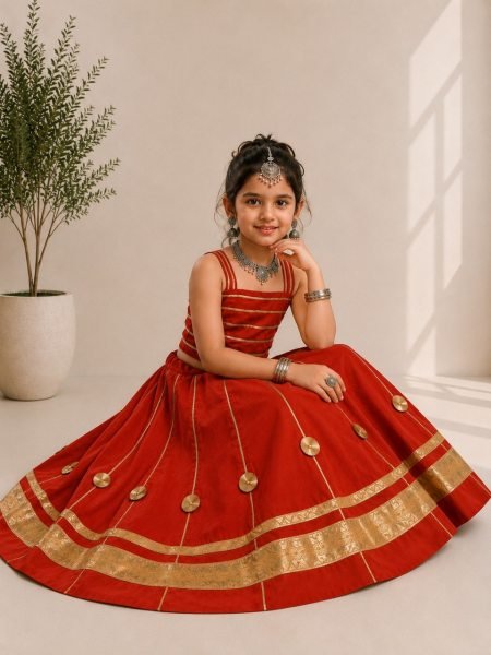 Dynamic Orange Kids Navratri Chaniya Choli in Premium Roman Silk with Mirror Work Girls Wear